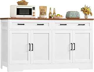 TEENFON 55” Buffet Cabinet with Storage and 2 Drawers, Large Sideboard Cabinet with 2 Adjustable Shelves and 4 Doors, Coffee Bar, Storage Cabinet for Kitchen, Living Room, White, 38×140×80CM