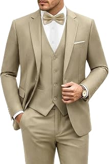 LUPURTY Mens 3 Piece Suit Slim Fit Solid One Button Tuxedo Set Wedding Blazer Vest Pants