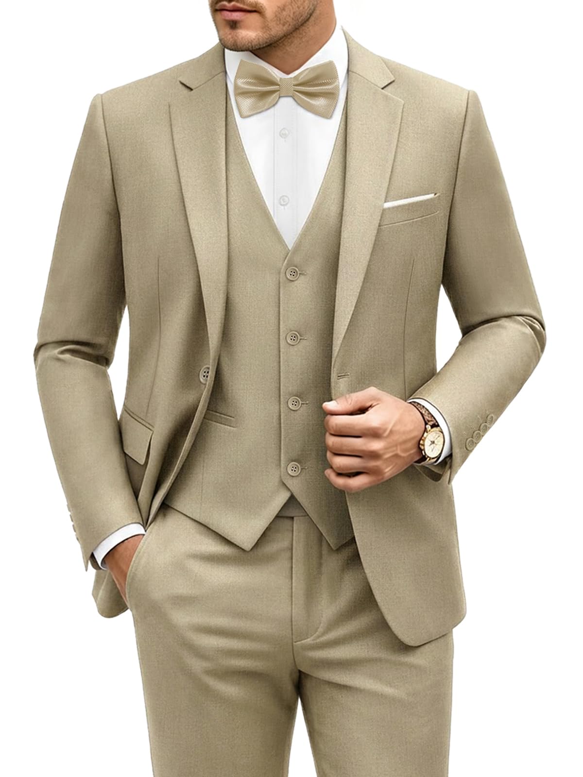 LUPURTY Mens 3 Piece Suit Slim Fit Solid One Button Tuxedo Set Wedding Blazer Ve