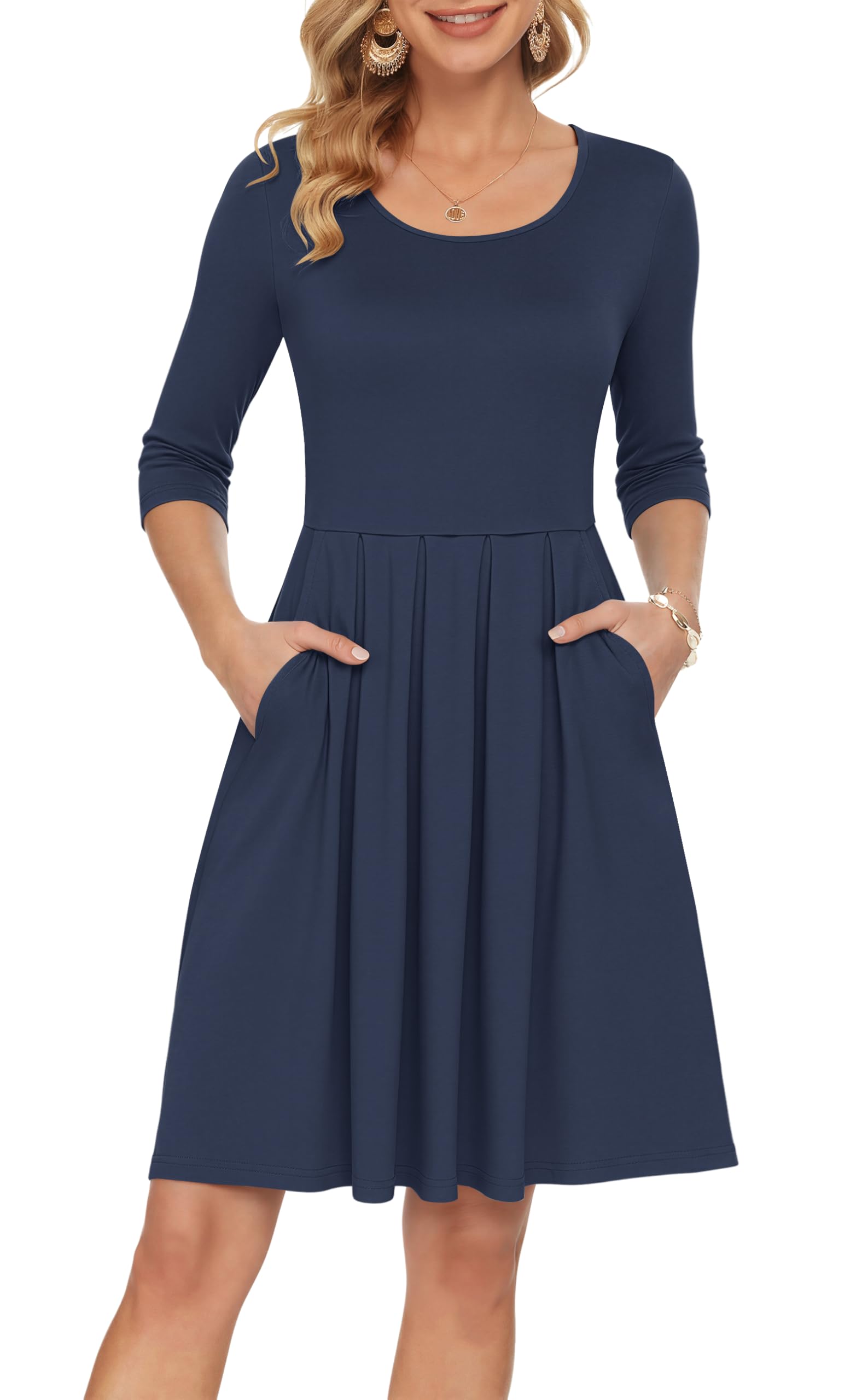 AUSELILY Vestido casual de manga 3/4 para mujer, plisado, hasta la rodilla