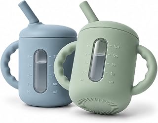 Seposeve 2 Pack Silicone Sippy Cups for Babies 6+ Months, 6 oz Straw Training Cups with Handles, Leak-Resistant Bite-to-Sip Valve, Liquid Level Window, BPA-Free, Green Blue