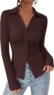 PRETTYGARDEN Womens Button Down Shirts V Neck Collared Ruched Slim Fit Long Sleeve Shirt Casual Fall Fashion Ladies Tops