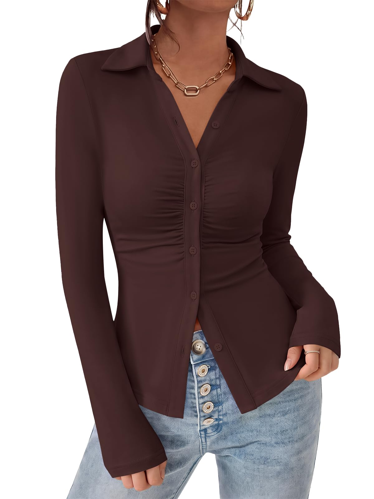 PRETTYGARDEN Womens Button Down Shirts V Neck Collared Ruched Slim Fit Long Slee