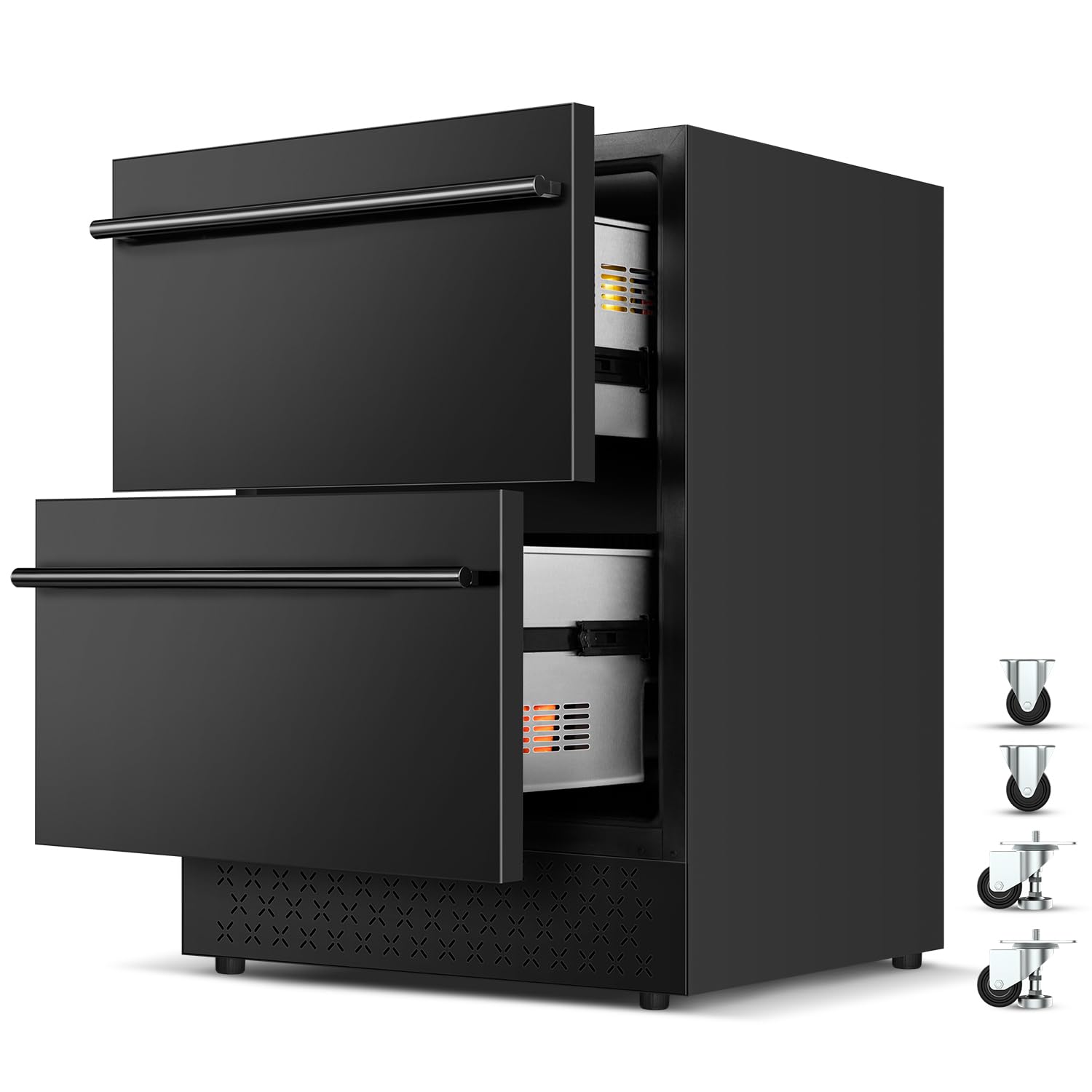 Tylza 24" Drawer Beverage Cooler 145-Can Stainless Quiet Black | Fast cool, <38d