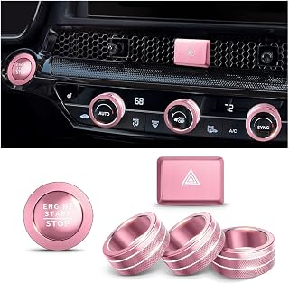 Polodunn for 2022-2026 Honda Civic, 2023-2026 CRV/HRV/Acura Integra, 2023-2025 Accord &amp; 2025 ADX Accessories - 6pcs Aluminum Alloy Knob Cover Trim Set FIts Push Start, AC &amp; Hazard Light (Pink)