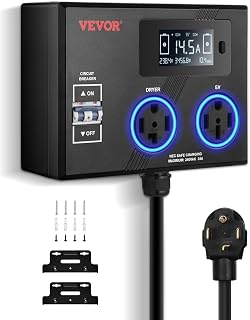 VEVOR NEMA Splitter for Dryer and EV, 3-Color LED Indicator, 240V Smart Power Distribution, with NEMA 14-30 Plug, NEMA 14-30 & NEMA 14-50 Outlets, Large 3.4-Inch LCD Screen, for Max 24A Dryer or EV