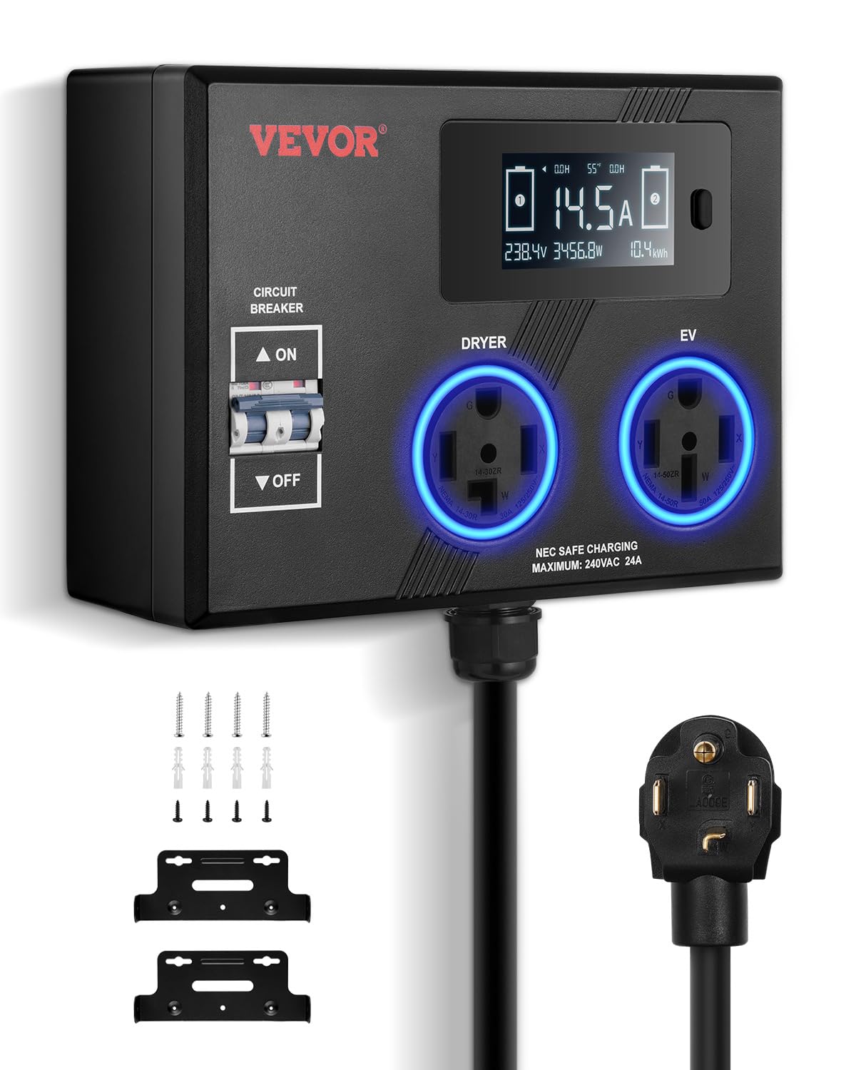 VEVOR NEMA Splitter for Dryer and EV, 3-Color LED Indicator, 240V Smart Power Di
