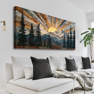 Boho Rustic Farmhouse Mountain Wall Art Sunrise Pine Tree Forest Nature Scenery Paintings Pictures Wall Decor Wood Texture Landscape Canvas Prints Artwork for Living Room Bedroom Home Office 20" x 40"