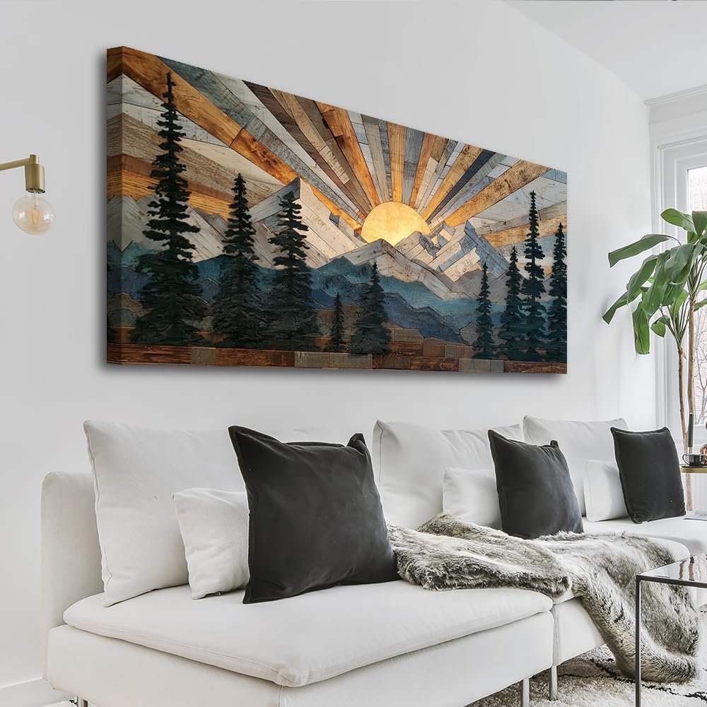 Boho Rustic Farmhouse Mountain Wall Art Sunrise Pine Tree Forest Nature Scenery 