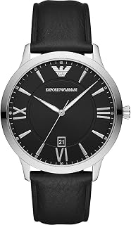 Emporio Armani Men's Watch, Three Hand Date Movement, 43mm Silver Stainless Steel Case with Leather Strap, AR11210