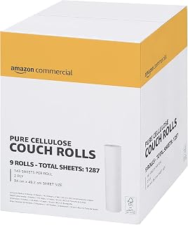AmazonCommercial Paper Hygiene Rectangular Couch Rolls, 2-ply Premium, 9 Rolls (1 pack), 50 Metres / 143 Sheets per Roll, Sheet Size: 34 cm x 49.2 cm, White