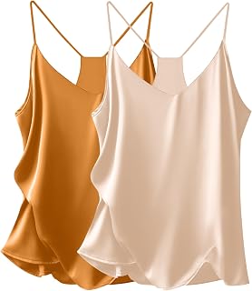 Ekouaer 3 Pack:Women Silk Satin Tank Tops V Neck Spaghetti Strap Camisole Loose Sleeveless Blouse