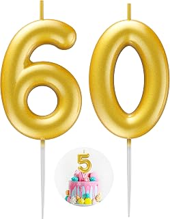 Gold Number 60 Candle for Birthday, 3D Number Candles for Birthday Wedding Anniversary Celebration Cake Decoration