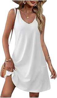 Women Summer Sleeveless V Neck Dress Summer Casual Floral Boho Dress with Pockets