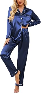 Ekouaer Satin Pajamas for Women Long Sleeve Pajamas Set Button Down Sleepwear V Neck Sleepwear Two-Piece Sets Home Suit