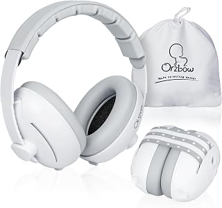 Orzbow 2-in-1 Baby Ear Muffs Noise Protection, White | Noise Cancelling Headphones, Babies up to 48 Months, Adjustable Infant Ear Protection Non-Slip Band for Airplane Travel Sleep