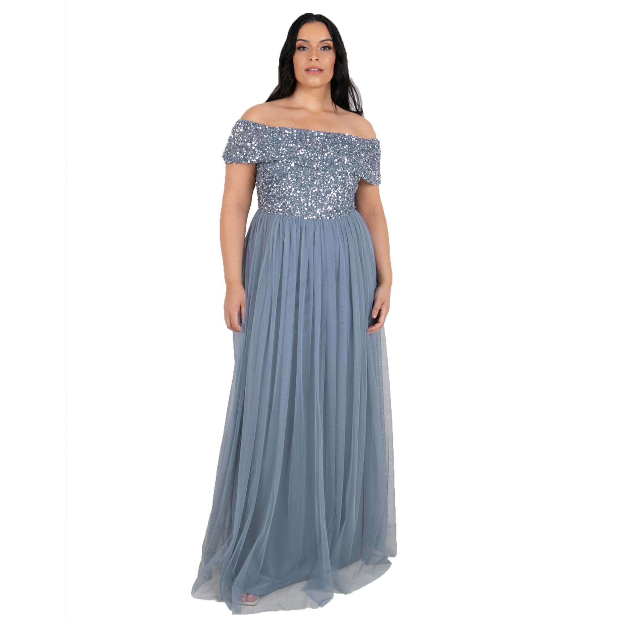 Maya Deluxe Women's Misty Green Bardot Embellished Maxi Dress Bridesmaid