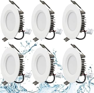 Szzilian Recessed LED Ceiling Light, IP65 Soffit Bathroom Lights Ceiling, 7W LED Waterproof Spotlights Downlight for Bathroom Shower Kitchen, Cut Φ70-90mm Hole, 6 Pack [3000K Warm White]