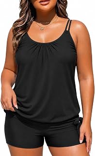 Holipick Women Plus Size Two Piece Tankini Swimsuit Tummy Control Bathing Suits Blouson Tankini Top with Boy Shorts