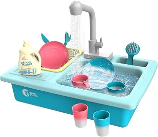 CUTE STONE Color Changing Play Kitchen Sink Toys, Kids Heat Sensitive Electric Dishwasher Playing Toy with Running Water, Automatic Water Cycle System Pretend Role Play Toys for Boys Girls