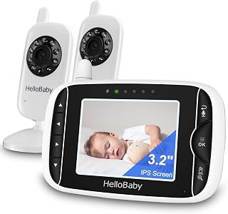 HelloBaby Baby Monitor with 2 Cameras - Monitor no WiFi Baby Monitor with Camera and Audio,Video Baby Monitor,Night Vision 2-Way Audio Fully Remote Pan &amp; Tilt 2X Zoom Temperature,ECO Mode,8 Lullabies