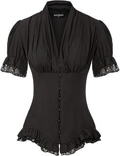 SCARLET DARKNESS Women Victorian Short Sleeve Shirt Button Down Blouse Shirts Dressy Top