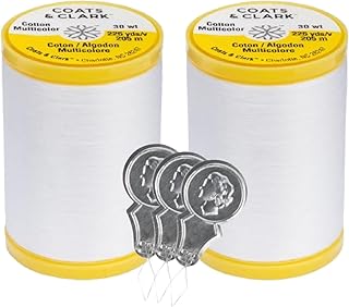 Coats & Clark Cotton All Purpose Sewing Thread 100% Mercerized Cotton 225 Yards Each Spool S970 2 Pack Bundle with 3 Bella's Crafts Needle Threaders (White)
