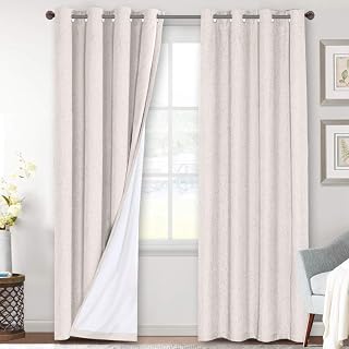 H.VERSAILTEX 100% Blackout Curtains Linen Textured Blackout Curtains for Bedroom Full Light Blocking Thermal Insulated Curtain Panels 84 Inches Long Energy Saving with White Liner, 2 Panels, Ivory