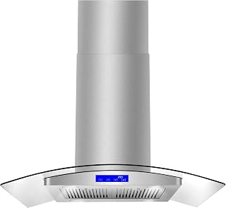 36 in. Lumin Coll 380 CFM Ducted Island Range Hood, LED, Stainless Steel | Cosmo COS-668ICS900 Soft Touch Controls, 3 Fan Speeds, Permanent Dishwasher-Safe Baffle Filters, Glass Visor