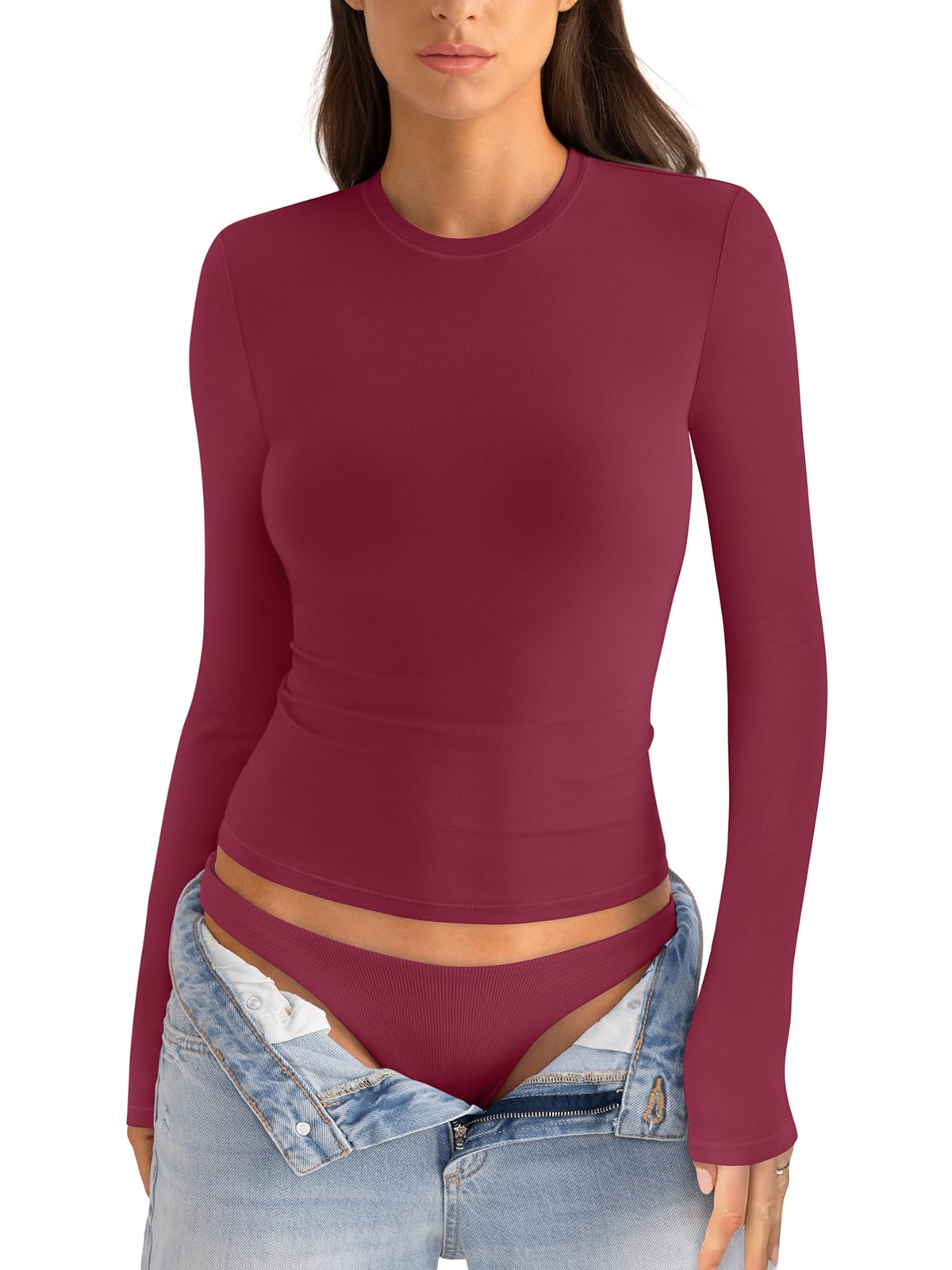 EasyGala Womens Cotton Long Sleeve Shirts Crew Neck Fitted Basic Going Out Outfi