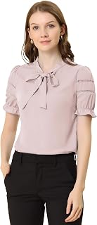 Women's Workwear Bow Tie Collar Top Elegant Office Short Sleeve Blouse
