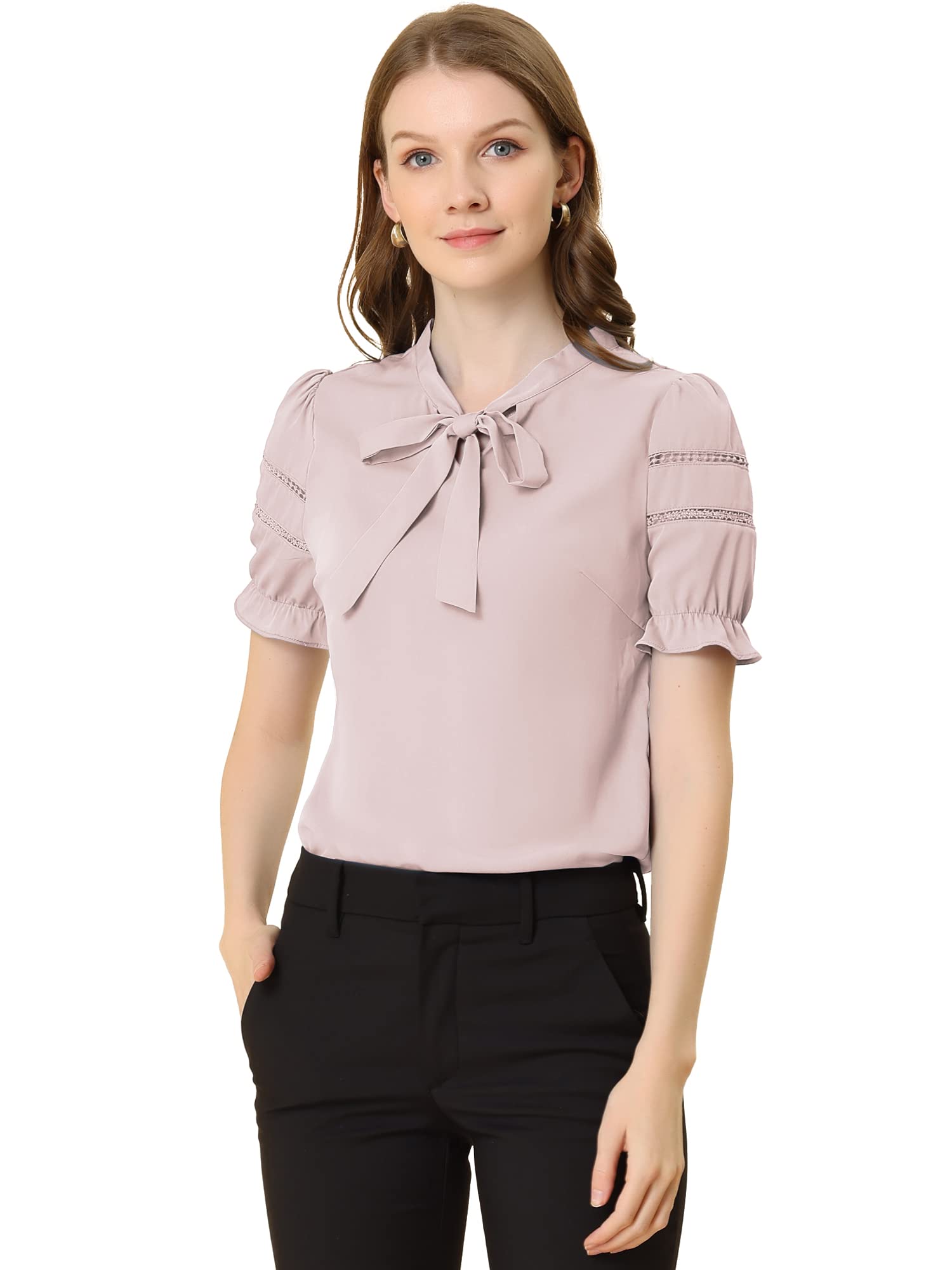 Women's Workwear Bow Tie Collar Top Elegant Office Short Sleeve Blouse