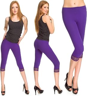 Women's 3/4 Length Leggings with Lace - Opaque Capri Trousers Made of Cotton - Shortened High Quality Summer Leggings