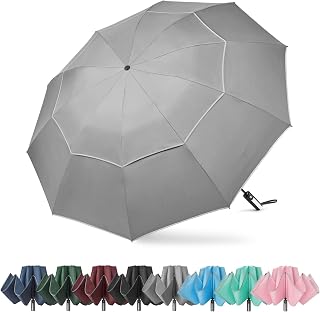 G4Free 62 Inch Folding Umbrella with Reflective Stripe 10 Ribs Large Golf Umbrella Inverted Compact Umbrella Windproof Double Canopy Auto Open Close