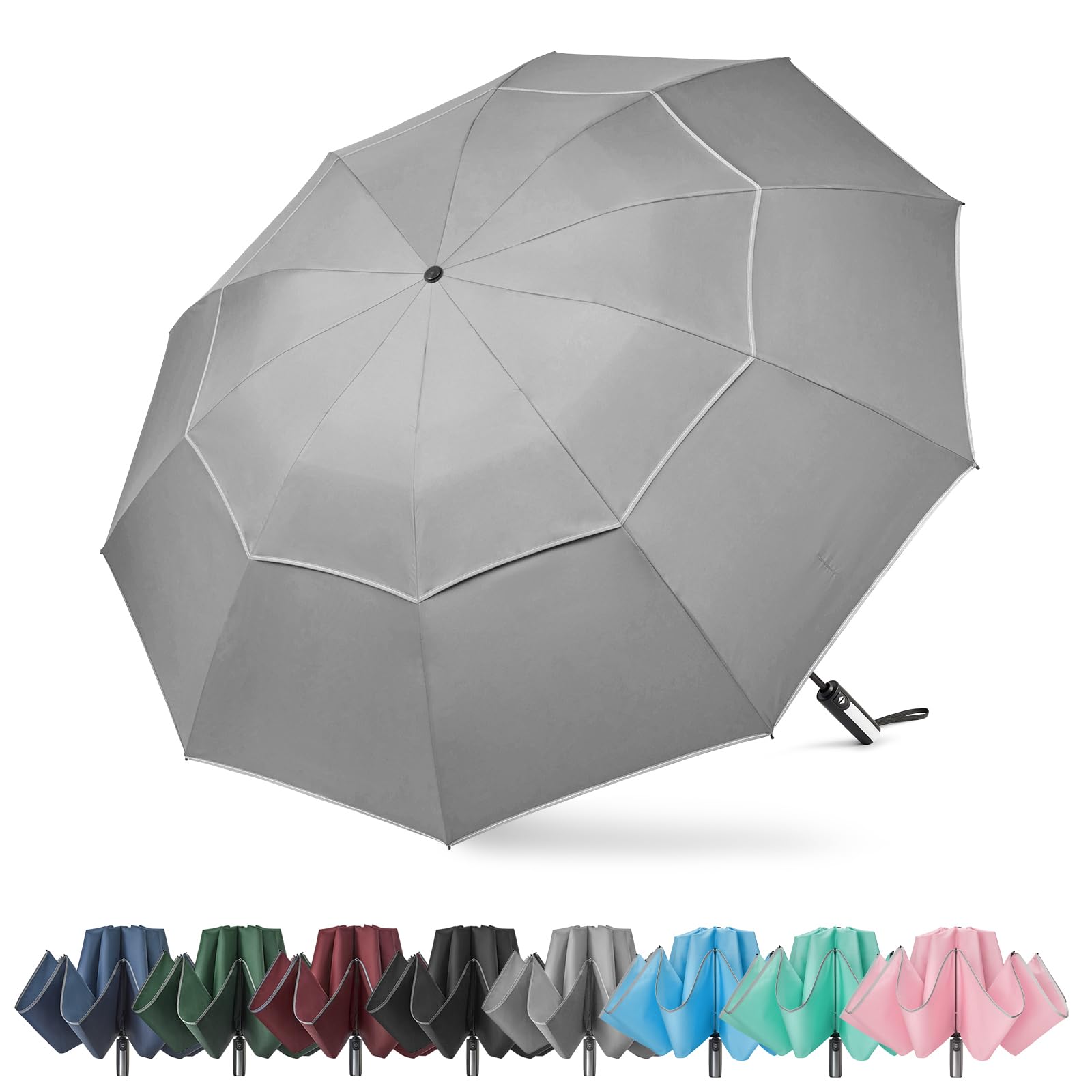 G4Free 62 Inch Folding Umbrella with Reflective Stripe 10 Ribs Large Golf Umbrel