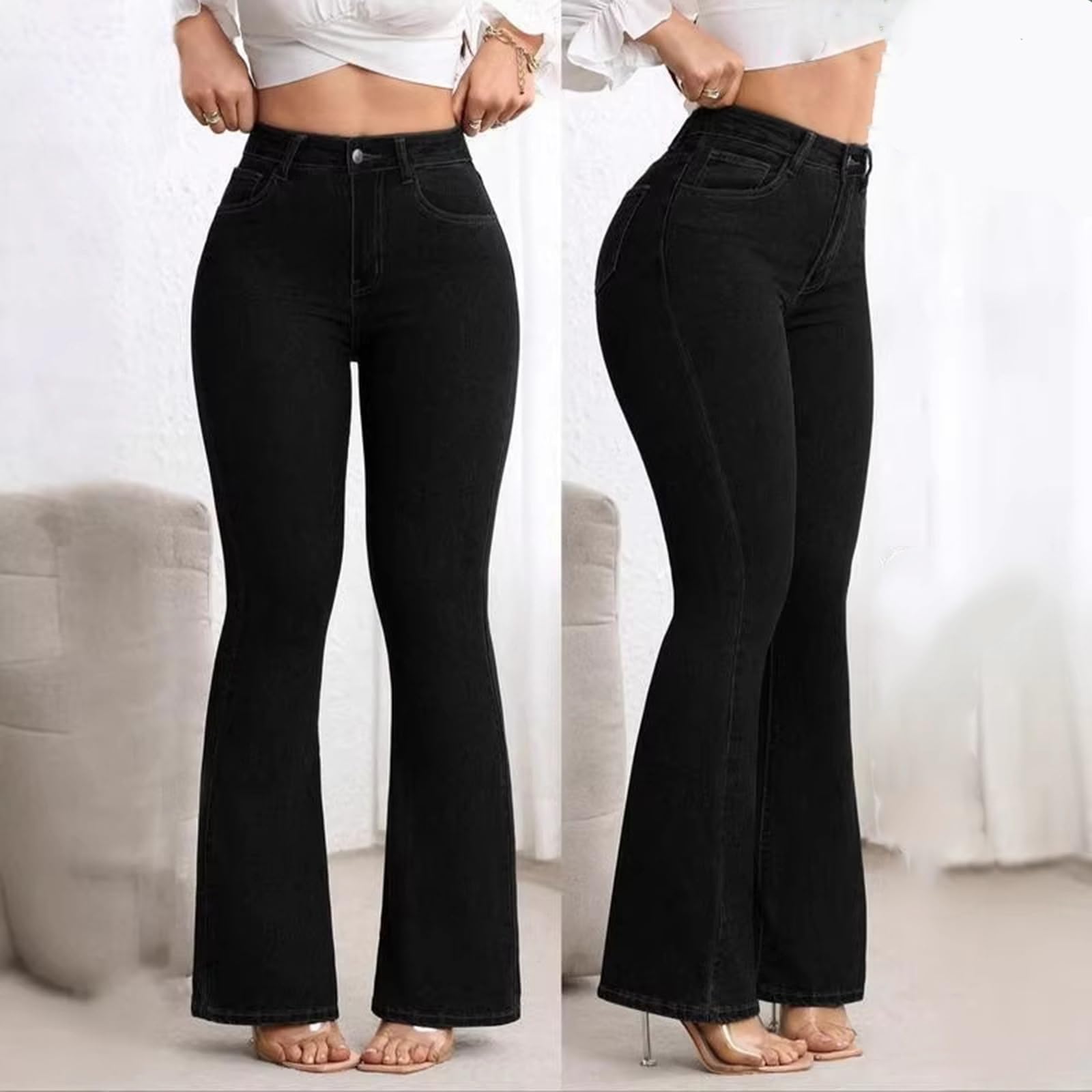Women's High Waist Flared Jeans, Slim Fit Bell Bottom Denim Trousers, Retro Boot