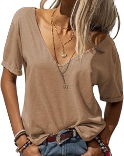 Women's Basic Casual Short Sleeve Deep V Neck T-Shirt