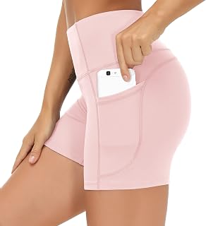 THE GYM PEOPLE ハイウエストヨガショーツ レディース 腹部コントロール フィットネス アスレチック ワークアウト ランニングショーツ 深いポケット付き