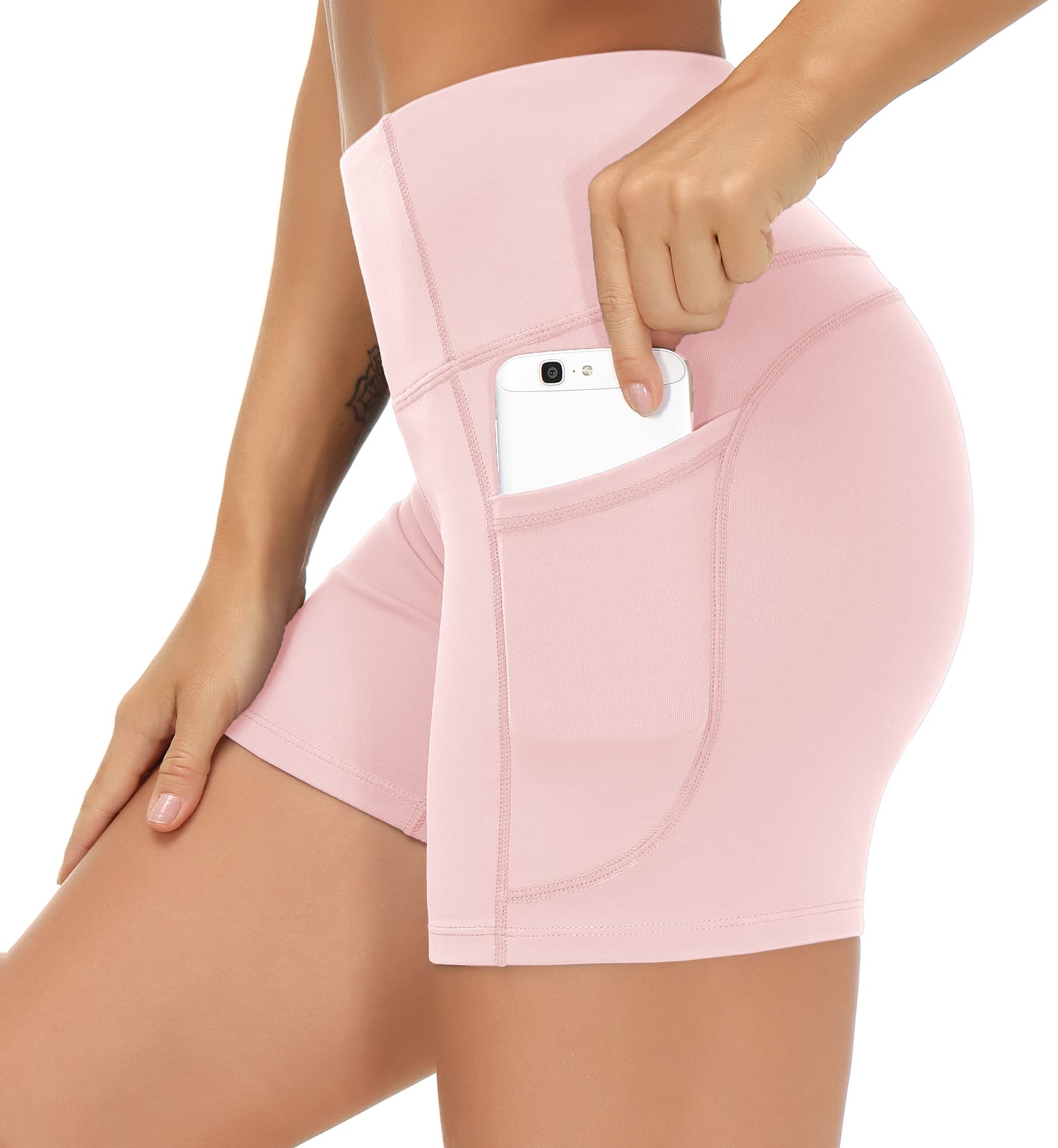 THE GYM PEOPLE ハイウエストヨガショーツ レディース 腹部コントロール フィットネス アスレチック ワークアウト ランニングショーツ 深いポケット