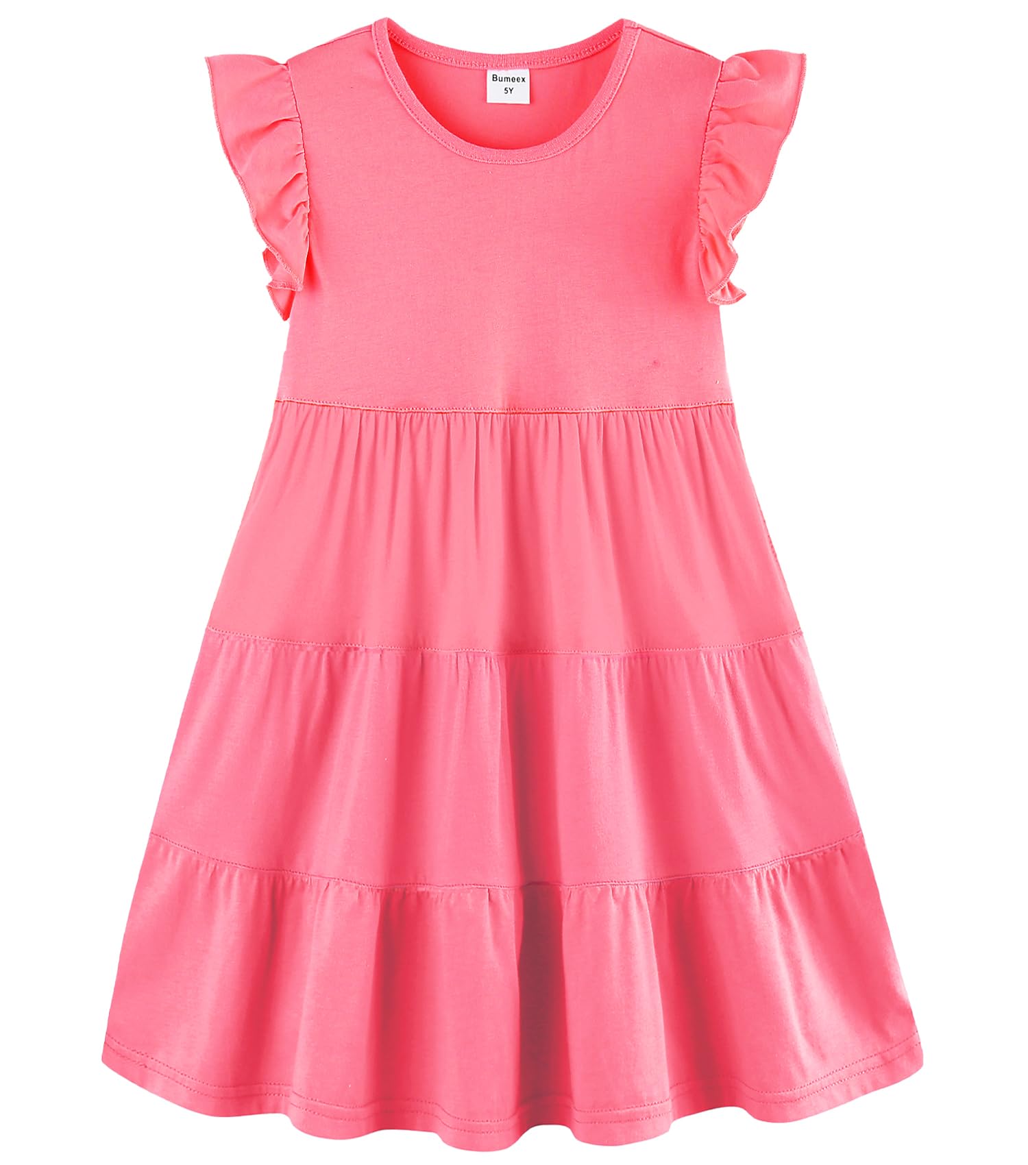 Bumeex Girl's Dresses Cotton Ruffle Sleeve Tiered Swing A-Line Cute Midi Casual 