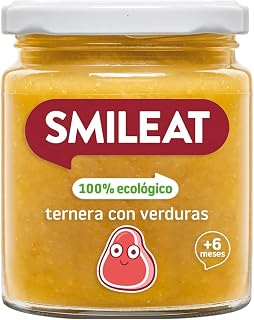 Smileat - Organic Beef Flavored Jar with Vegetables, Natural Ingredients, for Babies from 6 Months, Healthy and Healthy, Gluten Free - 230 g Jar | Con textura con trocitos y AOVE, sin gluten, huevo ni leche; recomendado para peques desde los 6 meses