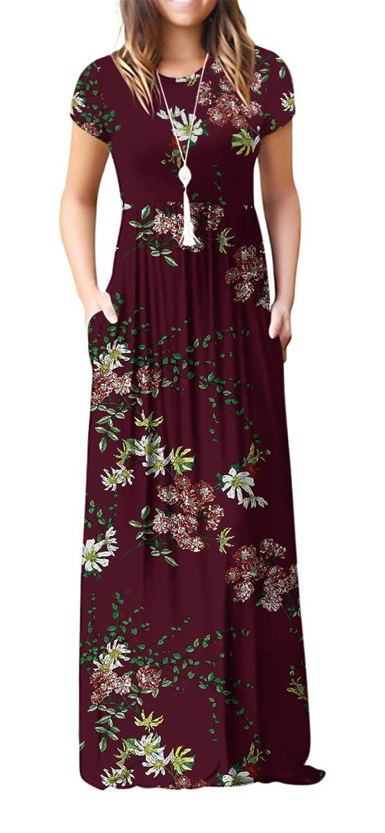 GRECERELLE Women Summer Casual Maxi Long Dress Short Sleeve Crew Neck with Pocke
