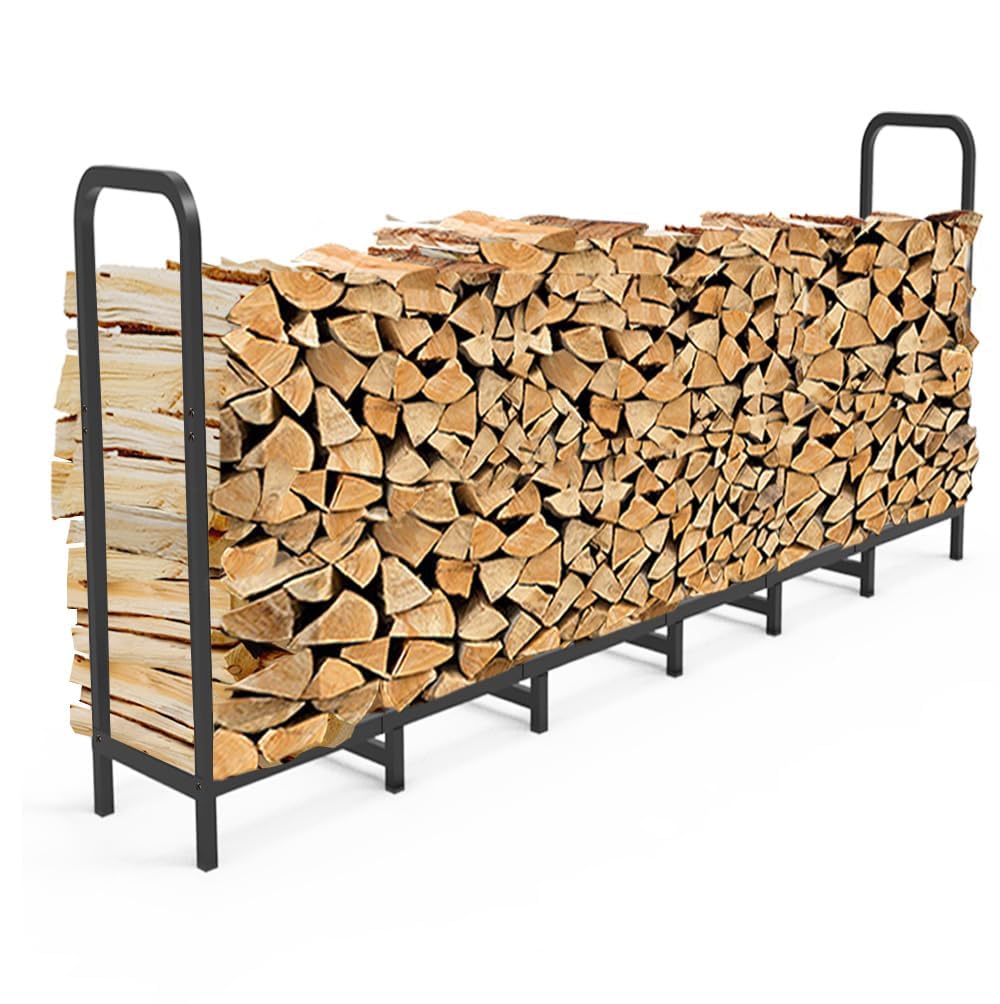 Tikimilor 8ft Firewood Rack Holder, Adjustable Heavy Duty Fire Log Stacker Stand