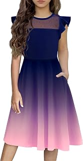Flypigs Girls Dresses Summer Formal Party Wedding Ruffle Sleeve Mesh Knee Length A Line Dress with Pockets