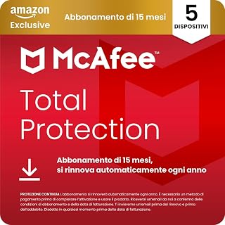 McAfee Total Protection - 5 Dispositiv 2026, 15 mesi, Esclusiva Amazon | Antivirus, VPN gestore delle password, software di sicurezza| Abbonamento con rinnovo automatico, Scarica