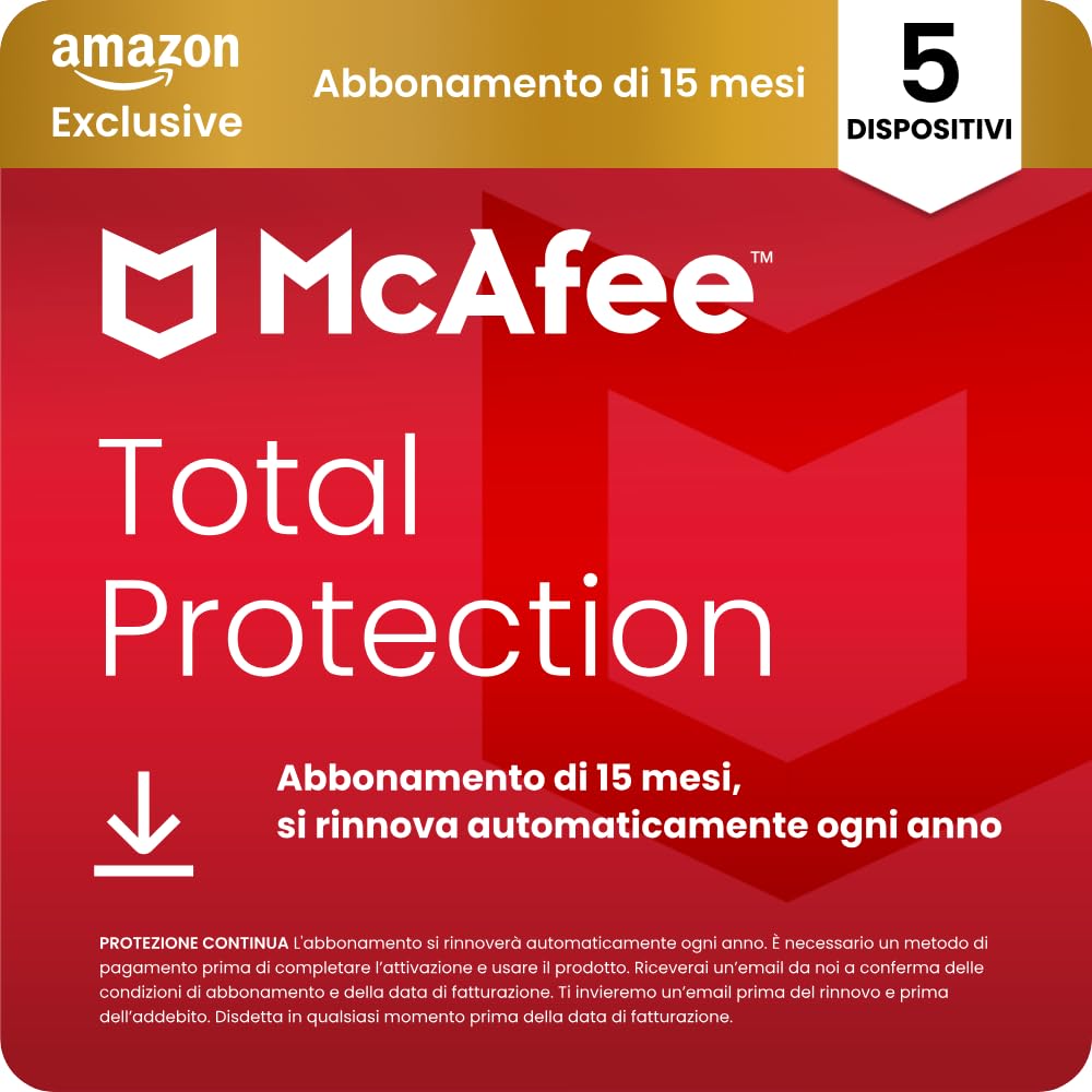 McAfee Total Protection - 5 Dispositiv 2026, 15 mesi, Esclusiva Amazon | Antivir