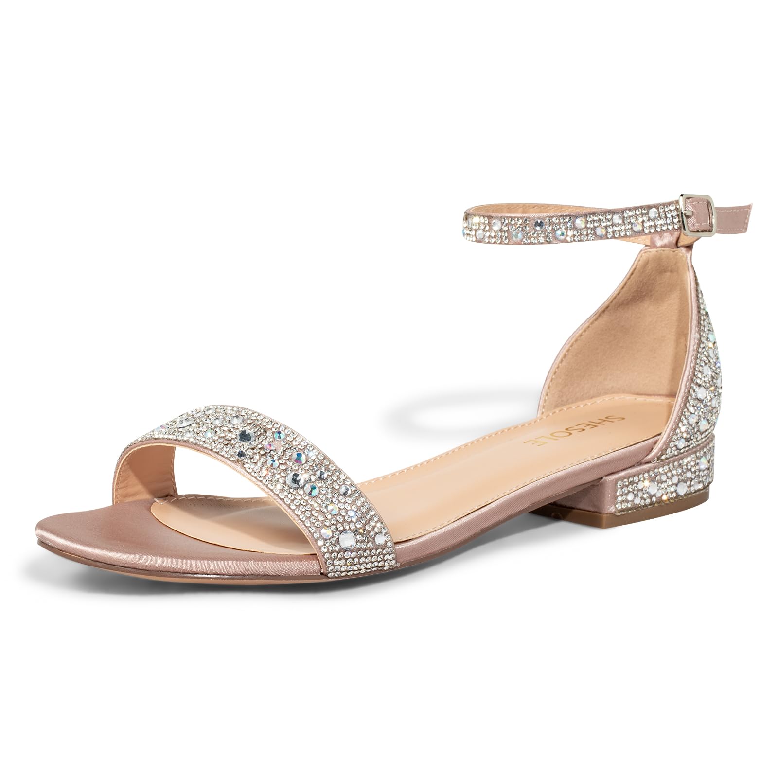 SheSole Women's Wide Width Rhinestone Sandals 1" Block Low Heel Ankle Strap Ankl