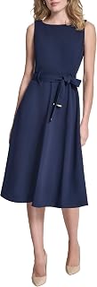 DKNY Womens Sleeveless Jewel Neck Scuba Crepe Removable Belt Midi DressDress