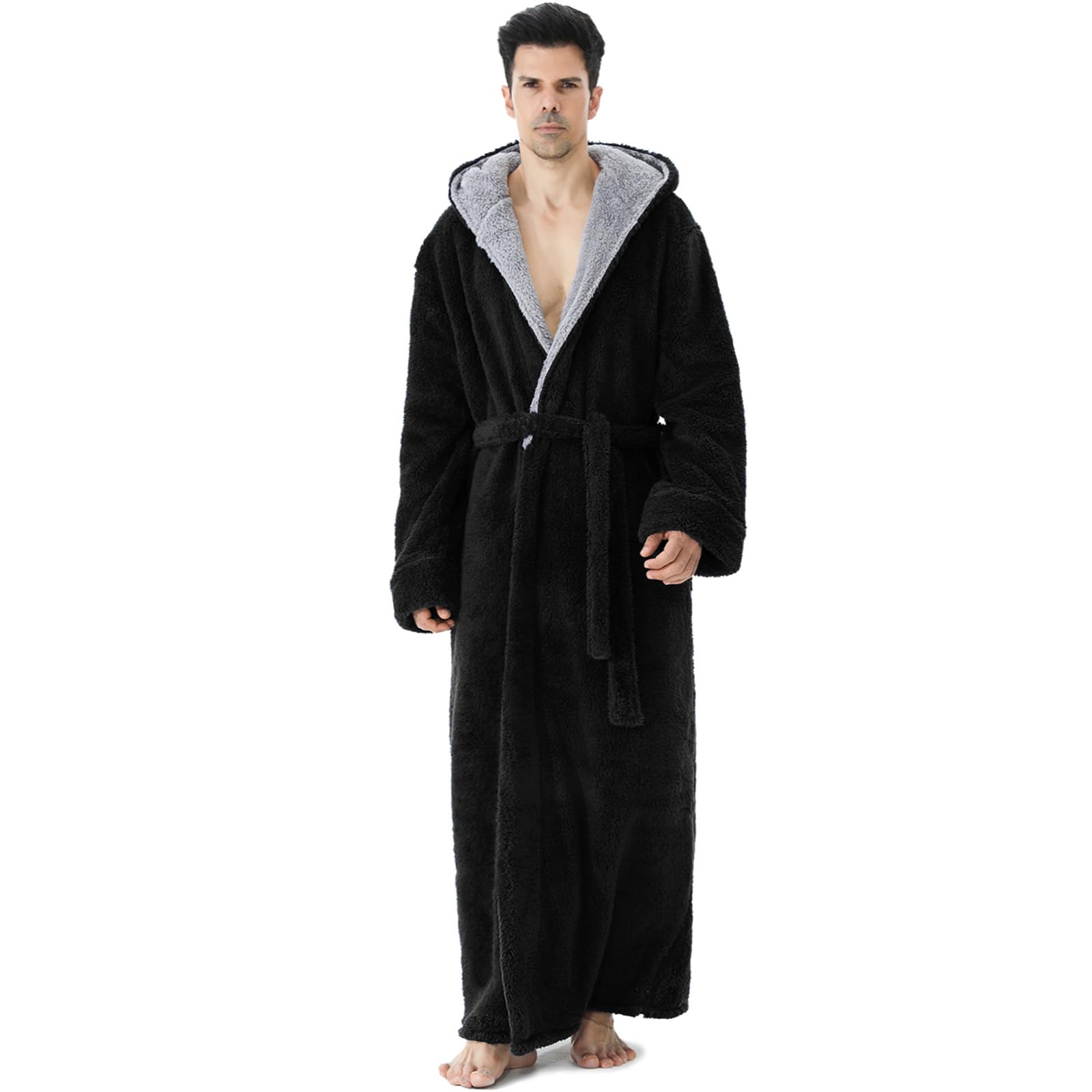 PUTUO Men's Dressing Gown: Long Fleece Bathrobe with Hood in Winter - Warm Dress
