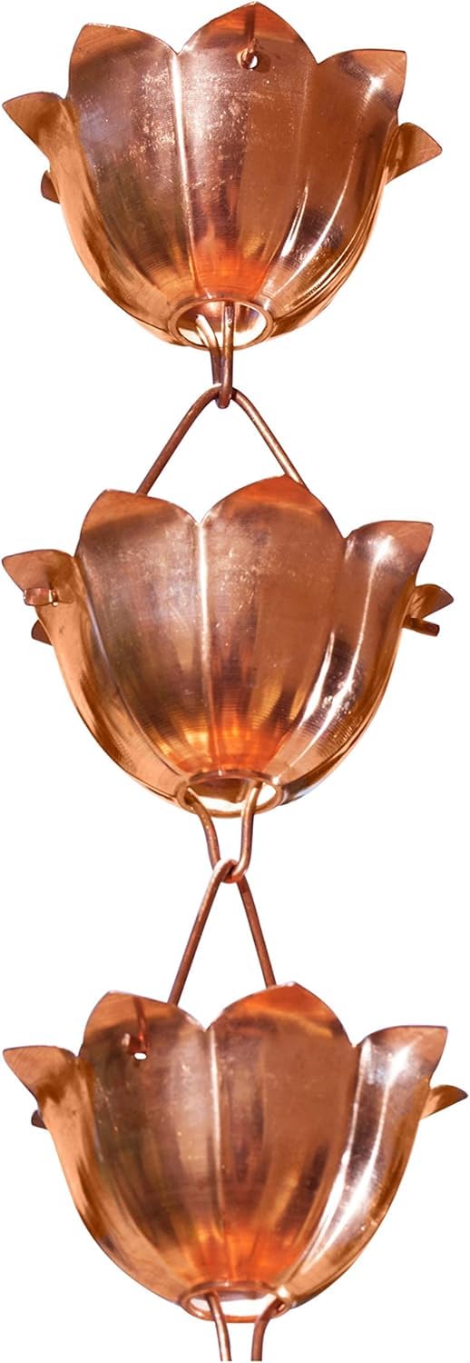 Monarch Rain Chains Pure Copper Lotus Cup Rain Chains for Gutters – 8.5 ft Decor